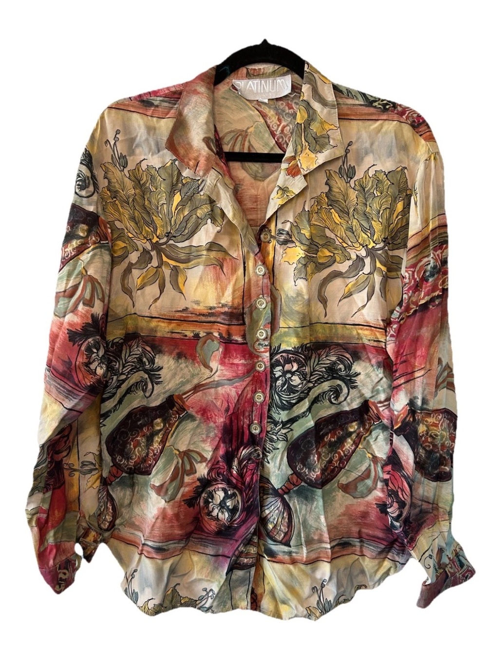 Vintage Platinum Dorothy Schoelen Art Print Satin Blouse Shirt M 90s